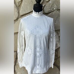 Vintage‎ Alex Coleman Victorian Blouse Shirt 8/10 Ivory Lace Lined High Neck